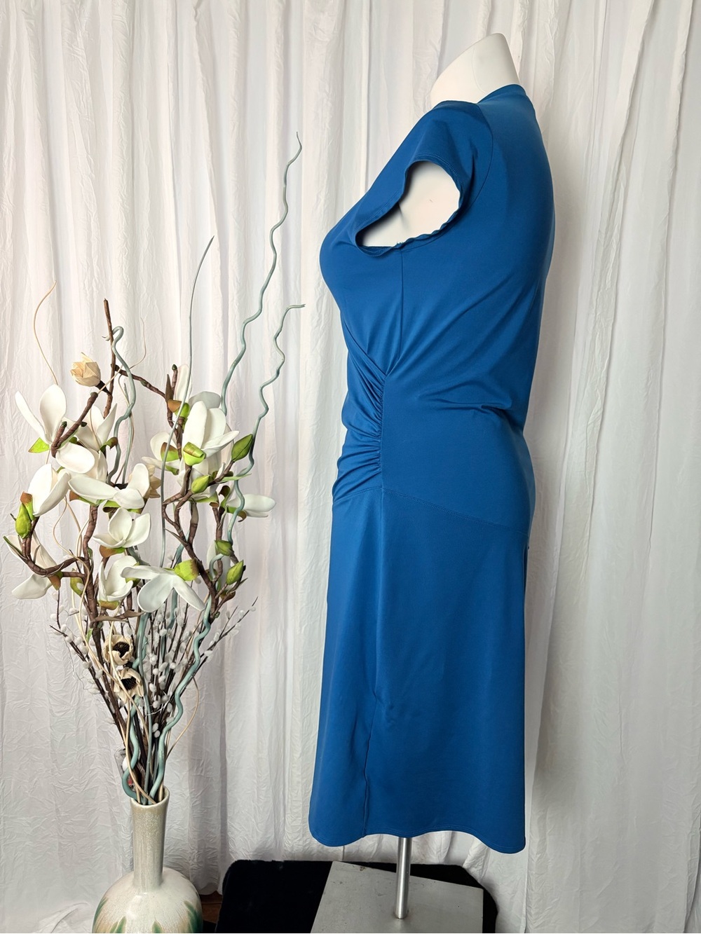 Athleta Teal Faux-Wrap Midi Dress with Side Ruching - Picture 3 of 7